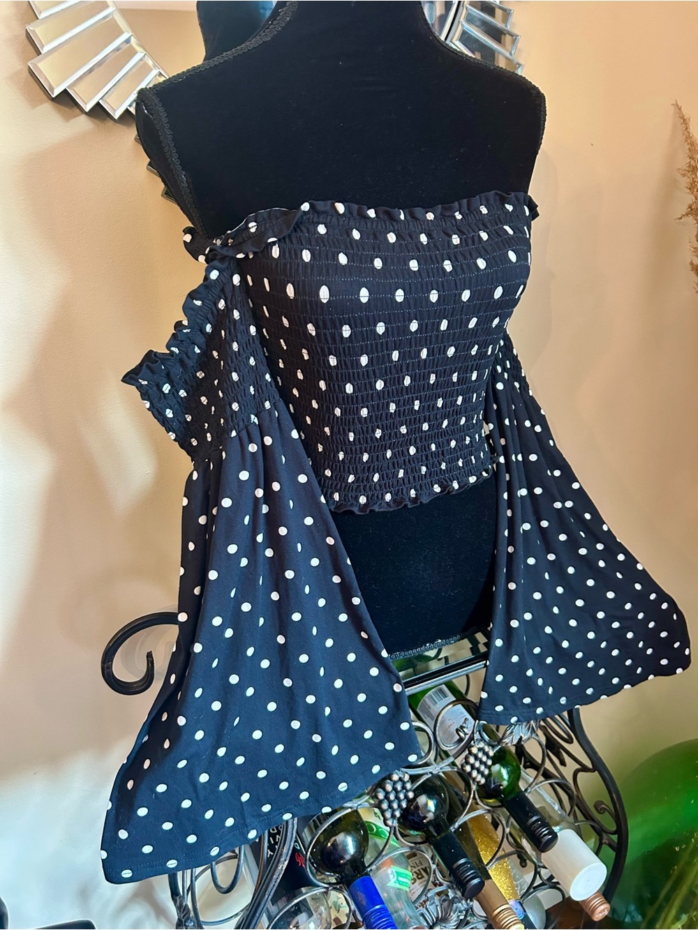 Revamped Polka Dot Off-Shoulder Top with Bell Sleeves - Picture 2 of 6